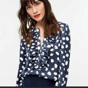 J‎ Crew Long Sleeve Ruffle Front Top Brushstroke Print Navy Blouse Size Large